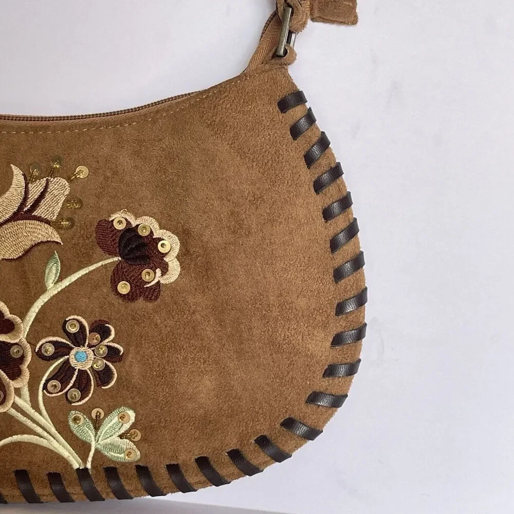 Women Sewn Edges Handbag Suede leather Brown Embroidery